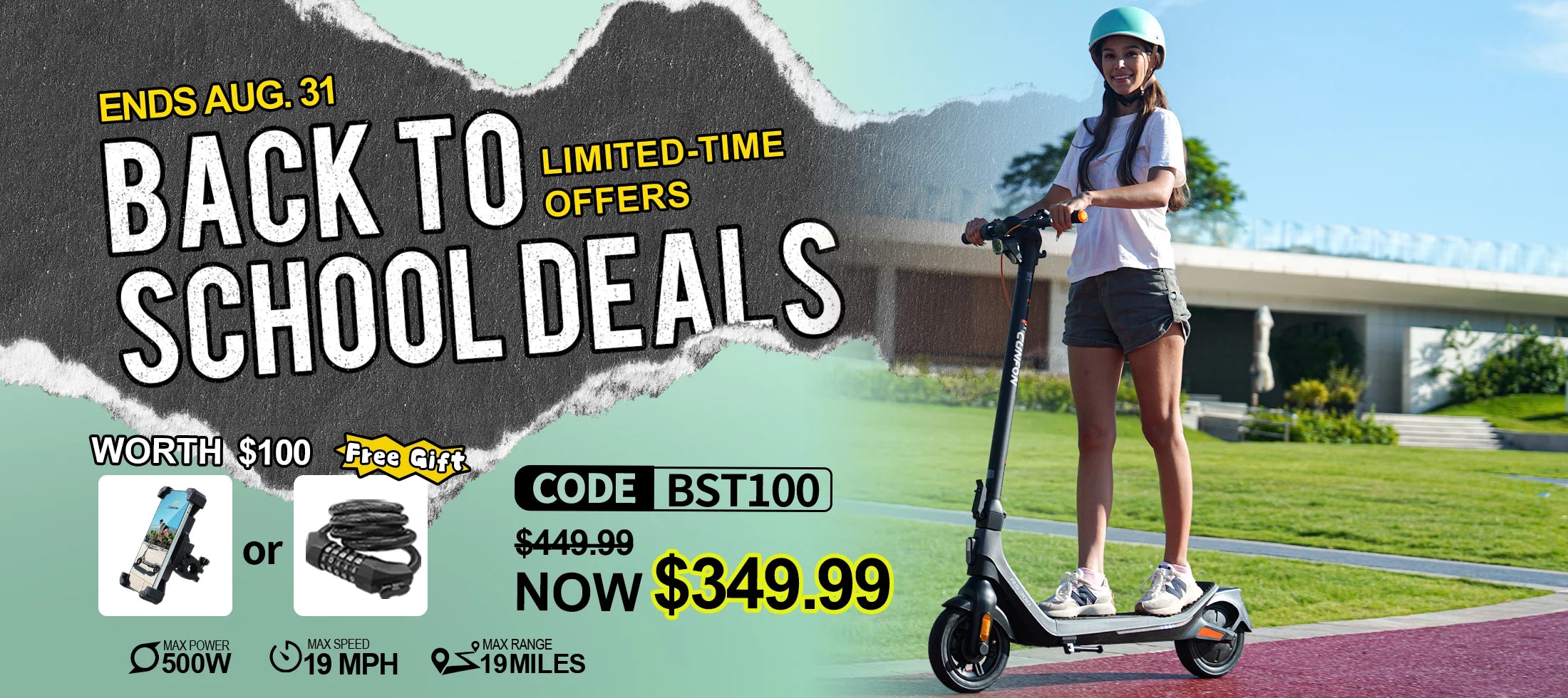 CUNFON RS300 electric scooter back to school sale desktop banner with limited-time offer code BST100 and free gift promo.