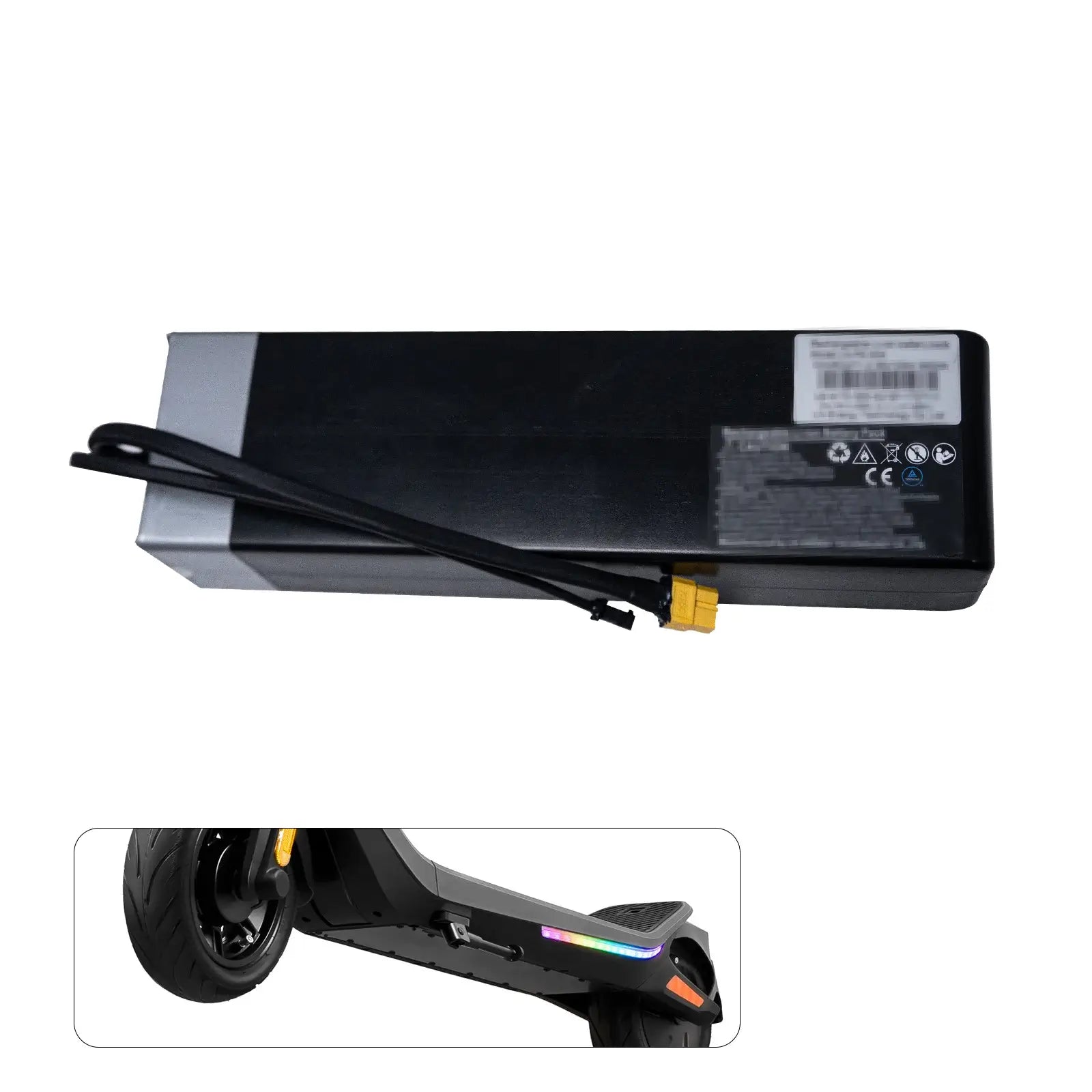 Cunfon RS300 replacement lithium battery pack showing main power unit and under-deck scooter fitment view.