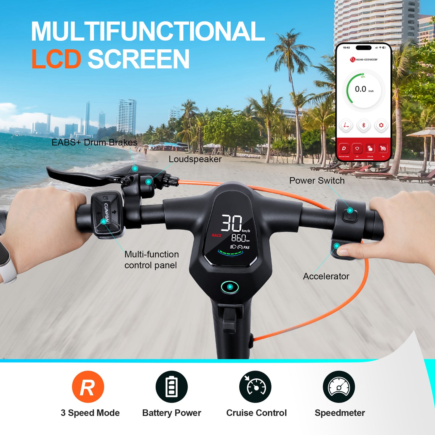 Multifunctional LCD Display on Cunfon RS300 Handlebar - Shows Speed and Battery, Controls EABS Brakes, Cruise Control, and Loudspeaker