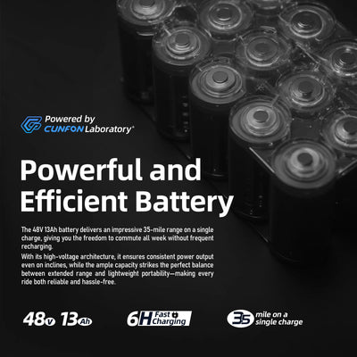 Powerful and efficient 48V 13Ah battery for Cunfon RS500 with 6-hour fast charging and 35-mile max range, powered by Cunfon Laboratory.