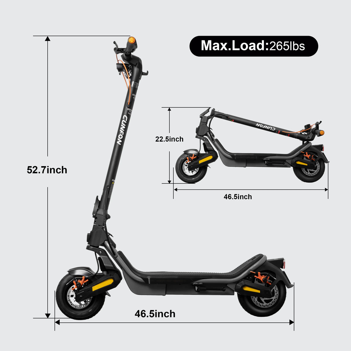 Cunfon RS500 scooter dimensions: 52.7 inches height, 46.5 inches length, 22.5 inches folded height, and 265 lbs max load.