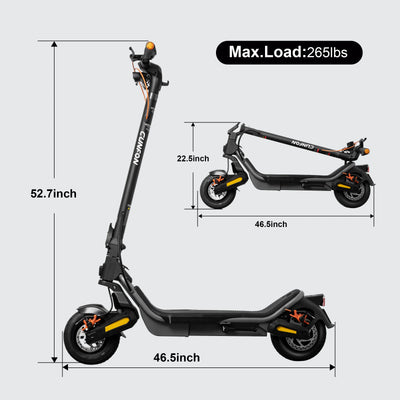 Cunfon RS500 scooter dimensions: 52.7 inches height, 46.5 inches length, 22.5 inches folded height, and 265 lbs max load.
