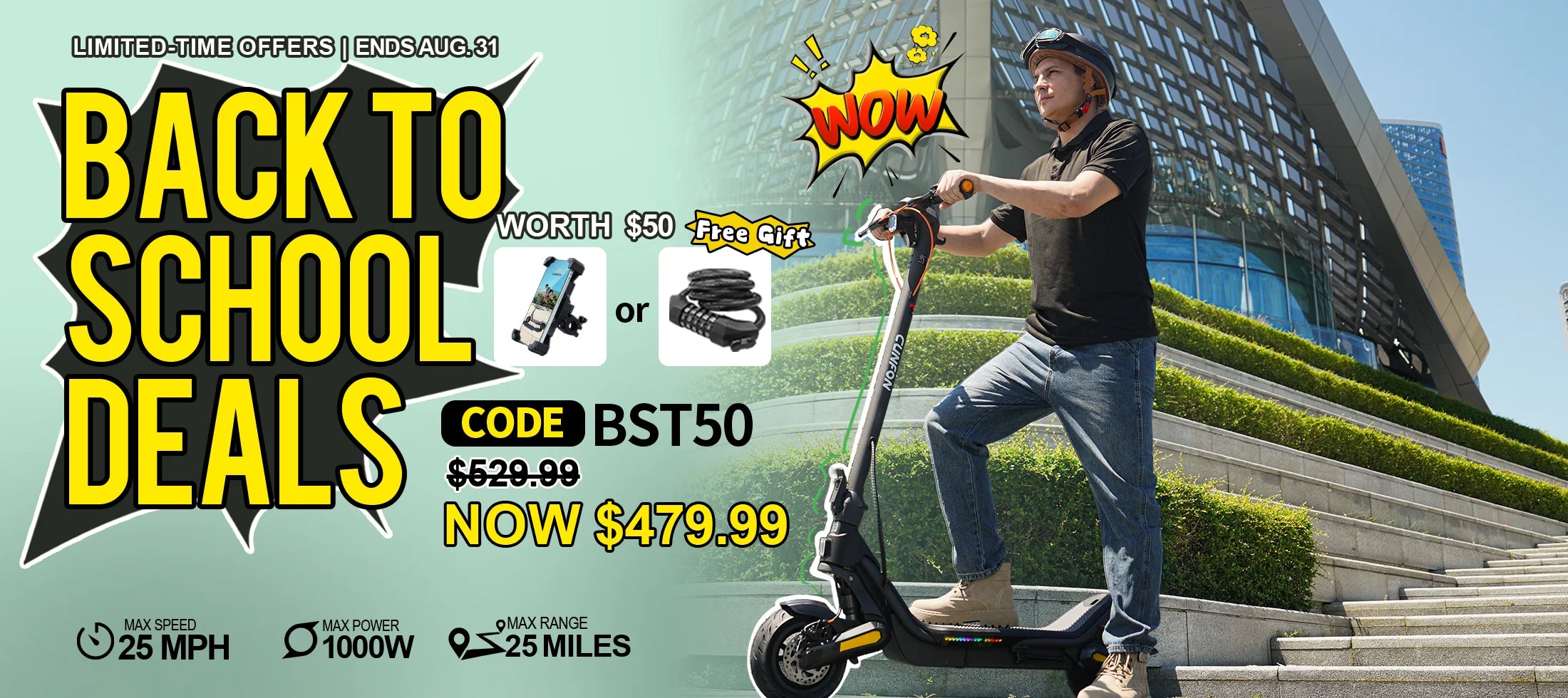 CUNFON RS500 electric scooter back to school sale desktop banner showing 1000W electric scooter with code BST50.