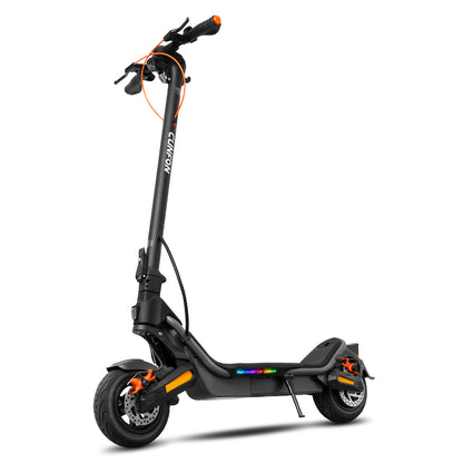 CUNFON RS500 Electric Scooter Front View - Fully Unfolded, Showing 1000W Motor, Orange Disc Brakes, and LED Lighting System