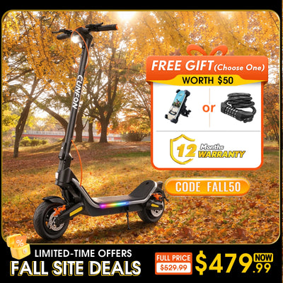 Cunfon RS500 electric scooter Fall Sale promotion featuring a free phone mount or lock, FALL50 discount code, and 12-month warranty.