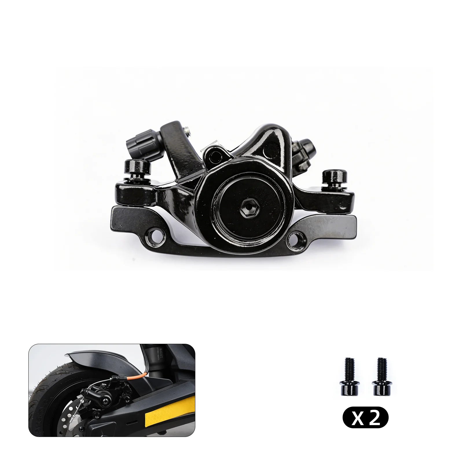 Cunfon RS500 electric scooter front disc brake caliper replacement with two mounting bolts and pistons.