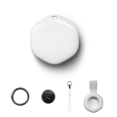 Complete optional GPS tracker kit for Cunfon RS500 with white tracker, keychain, lanyard, and silicone case.
