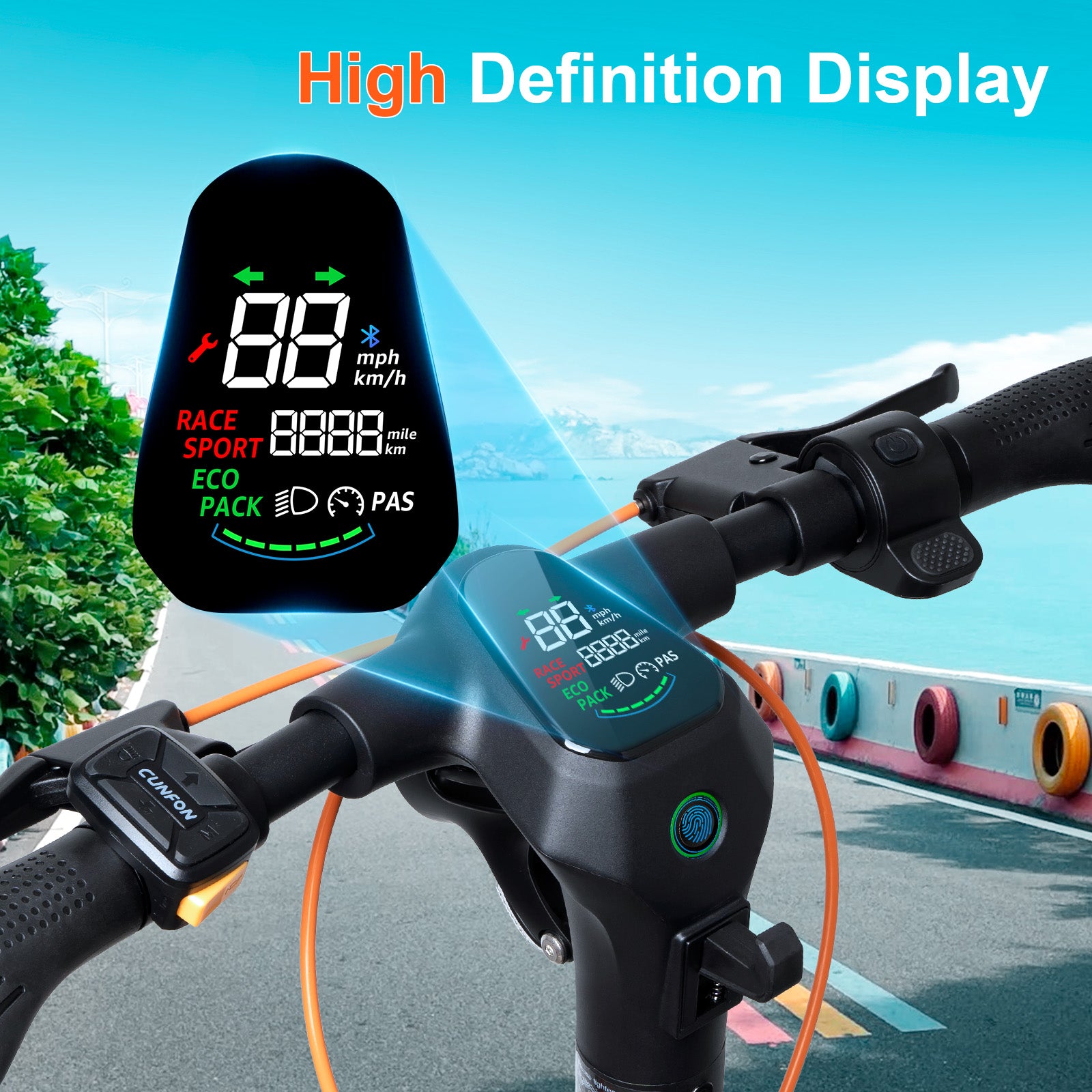 CUNFON RS500 HD Display and Control Panel - Speed, Battery, and Riding Modes: Race, Sport, Eco, Park