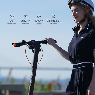Cunfon RS500 electric scooter performance specs showing 20 degree climbing slope, 25 mph max speed, 1000W peak motor, and 35 miles max range.