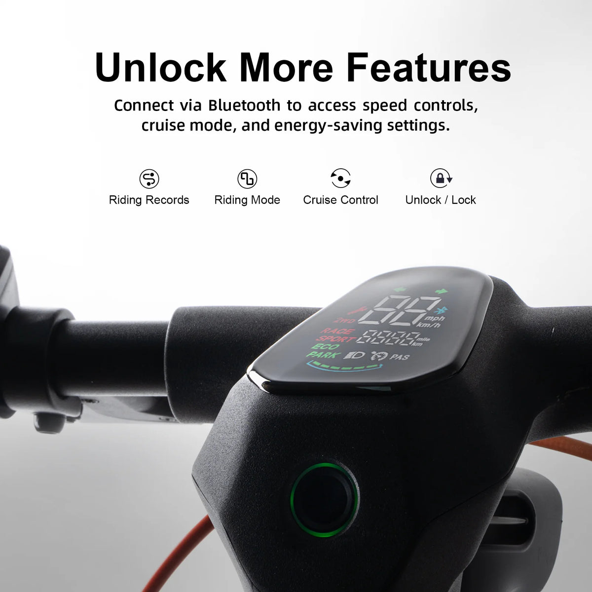 Cunfon RS500 handlebar display showing smart app features like riding records, riding mode, cruise control, and unlock lock via Bluetooth.