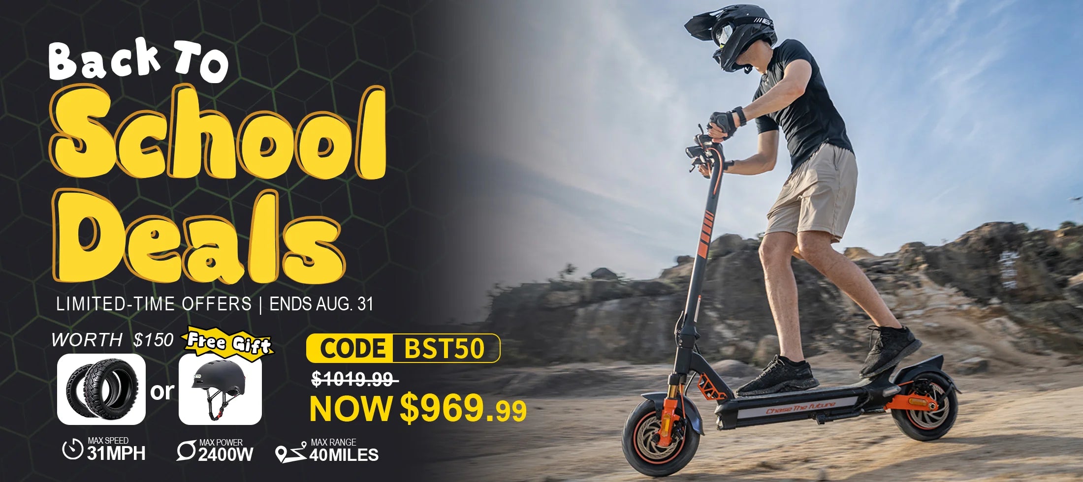 CUNFON RZ1000 electric scooter back to school sale desktop banner displaying 2400W performance scooter with discount code BST50.