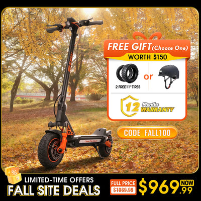 Cunfon RZ1000 Fall Sale electric scooter with free tire or helmet gift, FALL100 promo code, and 12-month warranty.
