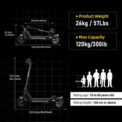 Cunfon RZ600 electric scooter dimensions, 57 lbs product weight and 300 lbs max load capacity
