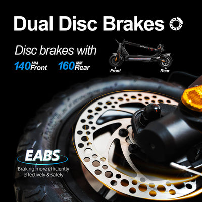 Cunfon RZ600 dual mechanical disc brakes with 140mm front and 160mm rear rotors plus EABS