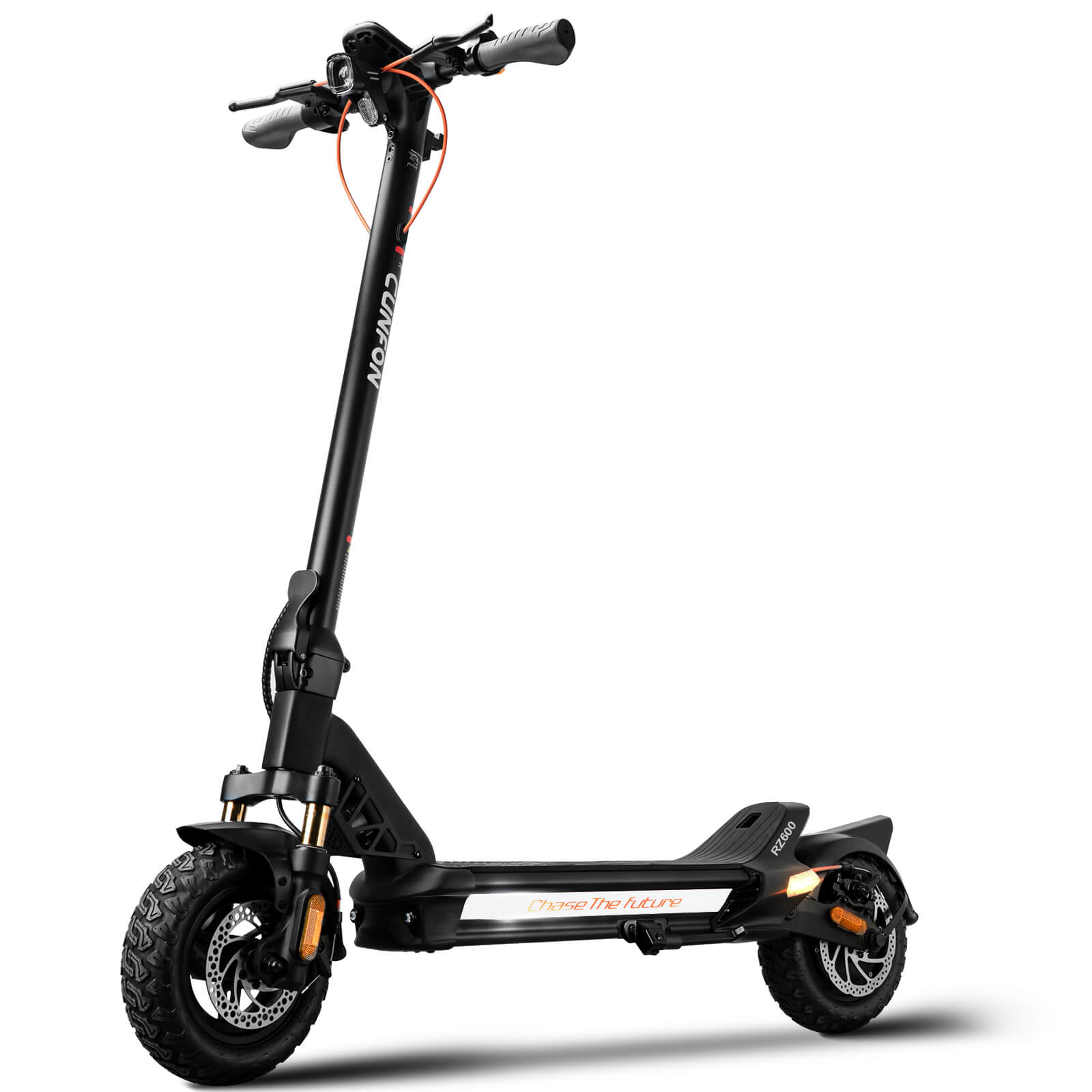 Cunfon RZ600 adult electric scooter front low-angle view showing dual hydraulic front suspension, disc brakes, headlight, and Chase The Future deck design on white background.