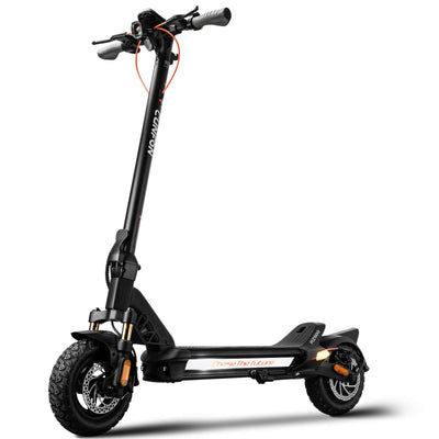 Cunfon RZ600 adult electric scooter front low-angle view showing dual hydraulic front suspension, disc brakes, headlight, and Chase The Future deck design on white background.