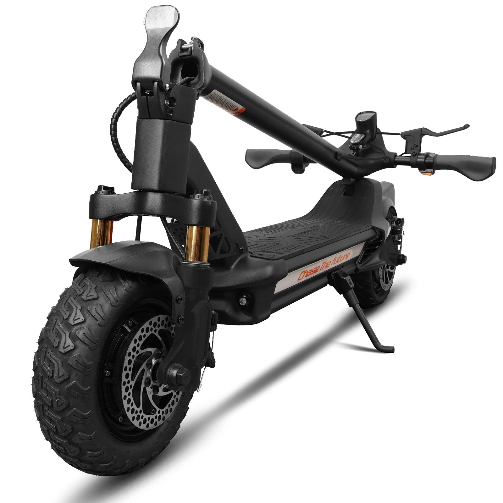 CUNFON RZ600 Electric Scooter Folded Side View - Compact and Portable Design for Easy Storage and Transport, Showing 10-Inch Tires and Orange Accents