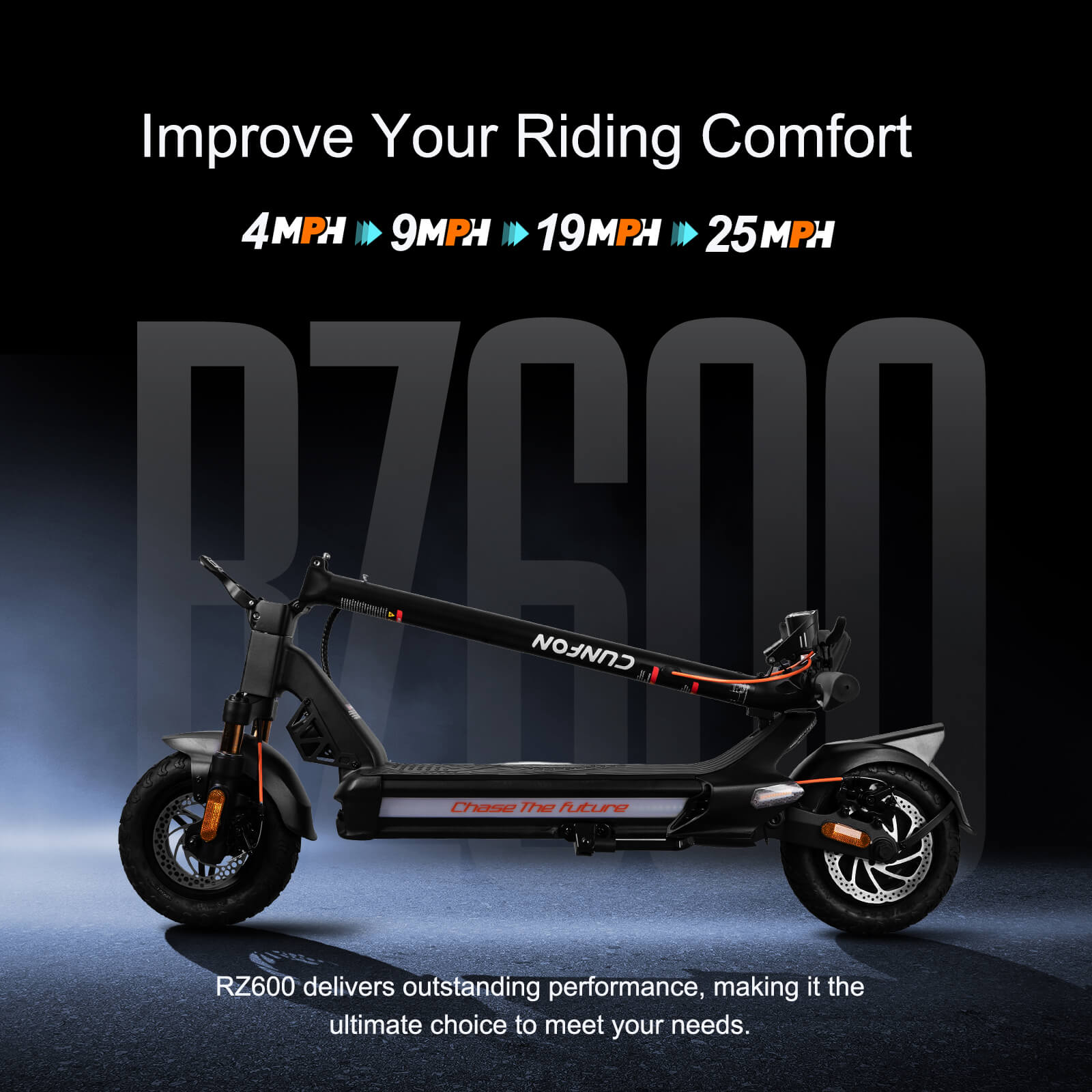 Cunfon RZ600 foldable electric scooter showing 4 speed modes up to 25mph for daily riding comfort