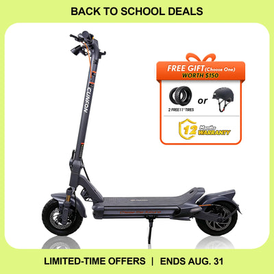 CUNFON RZ800 electric scooter back to school deal featuring free gift choice of 11-inch tires or helmet worth 150 dollars plus.