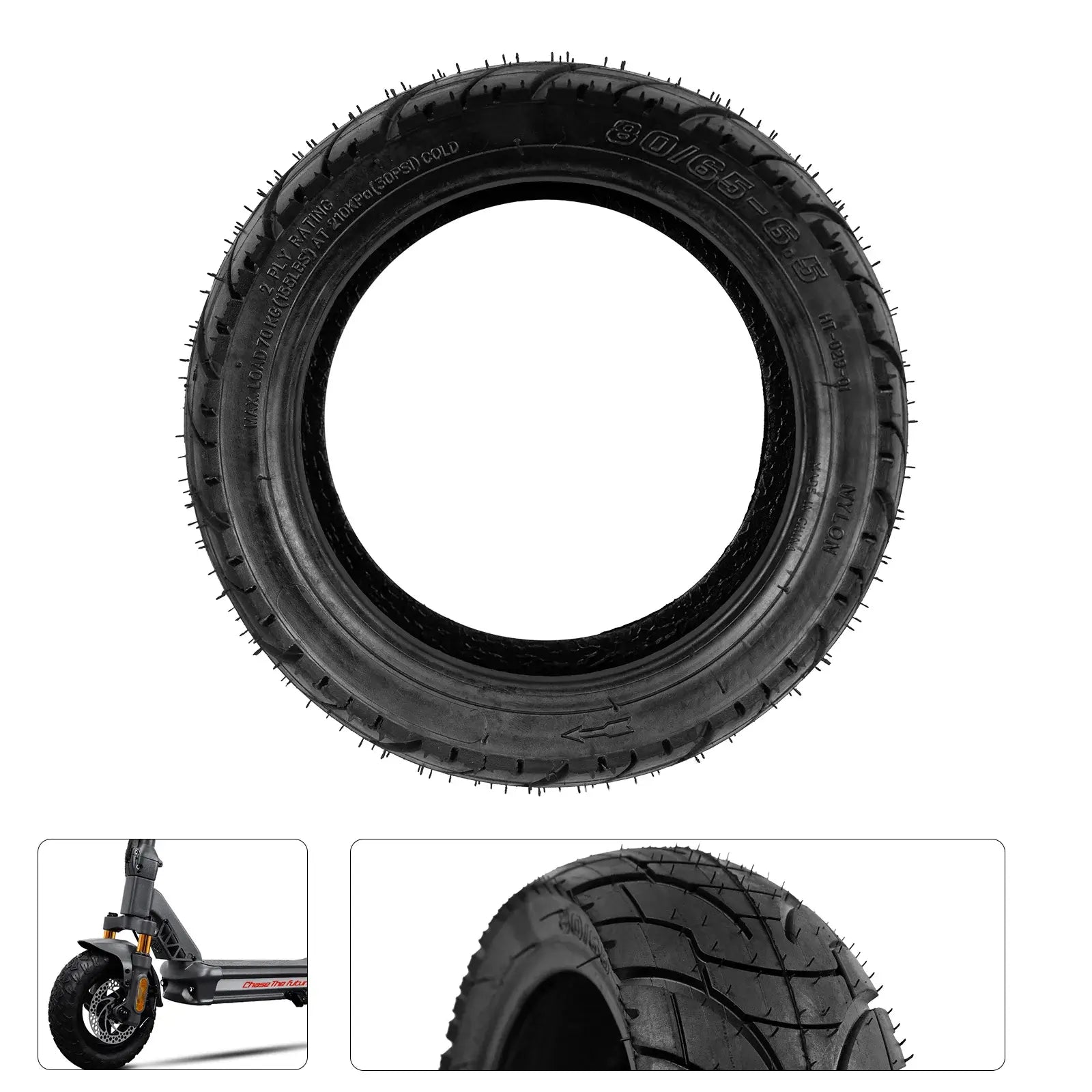 10.5-inch 80/65-6.5 off-road tubeless tire replacement for Cunfon RZ800 and RZ1000 electric scooters showing sidewall profile and mounted wheel view