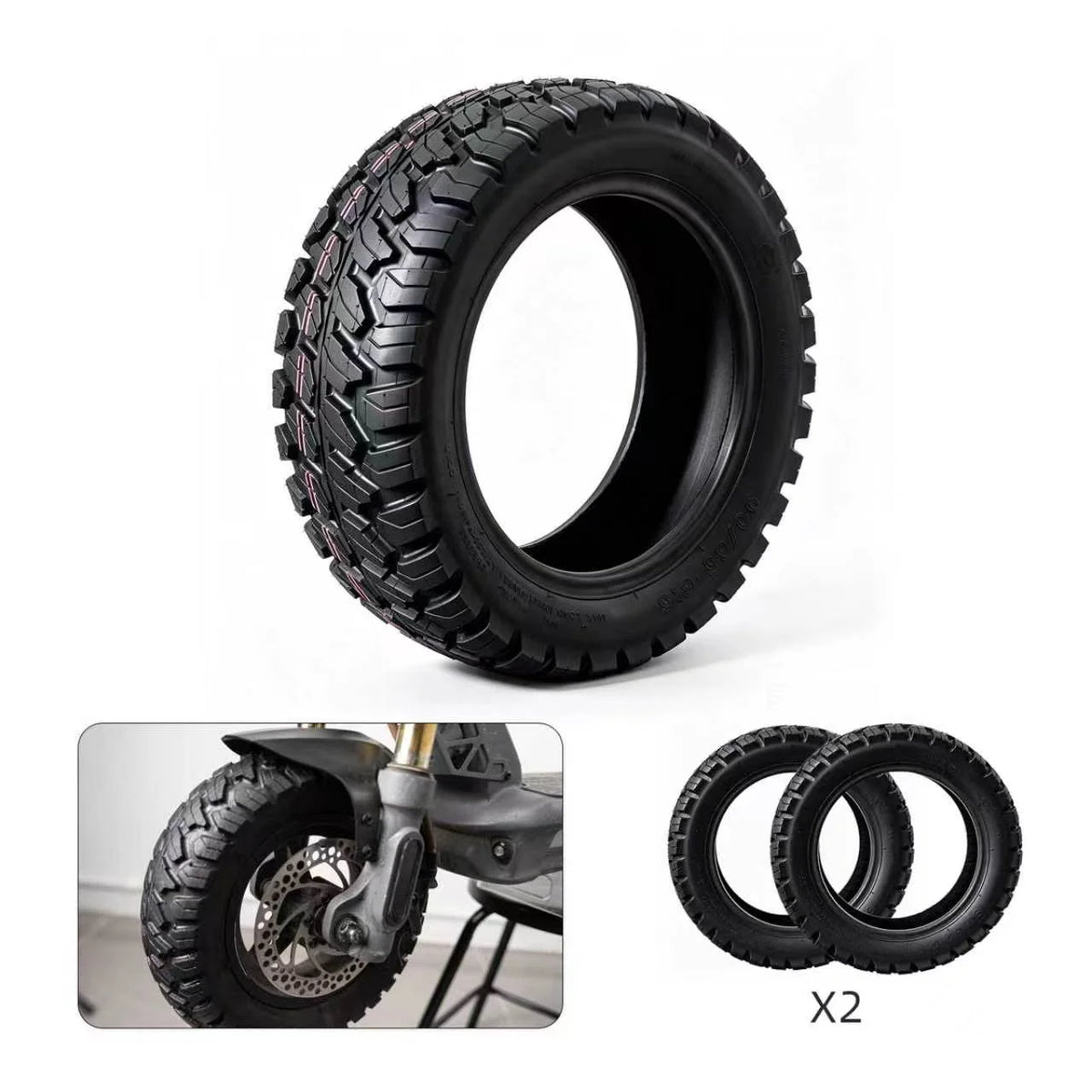 Set of 2 upgraded heavy off-road tubeless tires for CUNFON RZ800 and RZ1000 electric scooters, showing tread pattern and front wheel installation.
