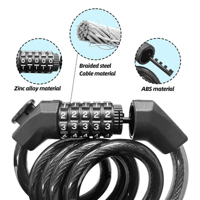 Internal materials breakdown of cable lock featuring zinc alloy lock core braided steel cable and ABS protective coating