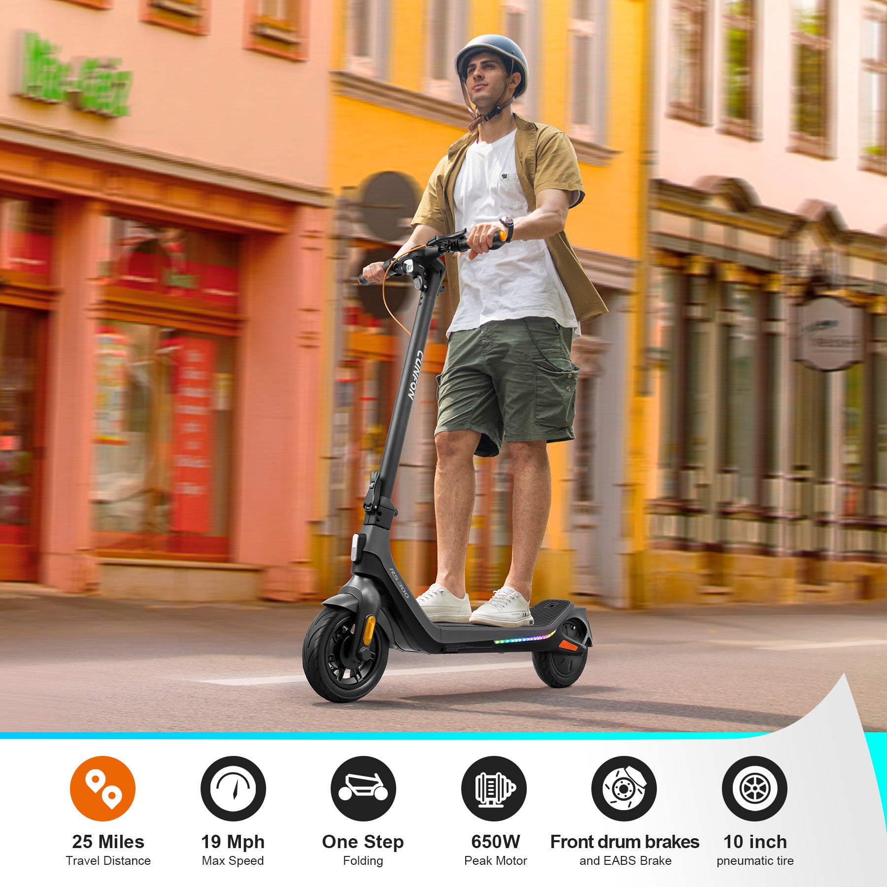 Man Riding Cunfon RS300 Electric Scooter in Urban Setting - 650W Peak Motor, 25-Mile Travel Distance, 19 MPH, One-Step Folding
