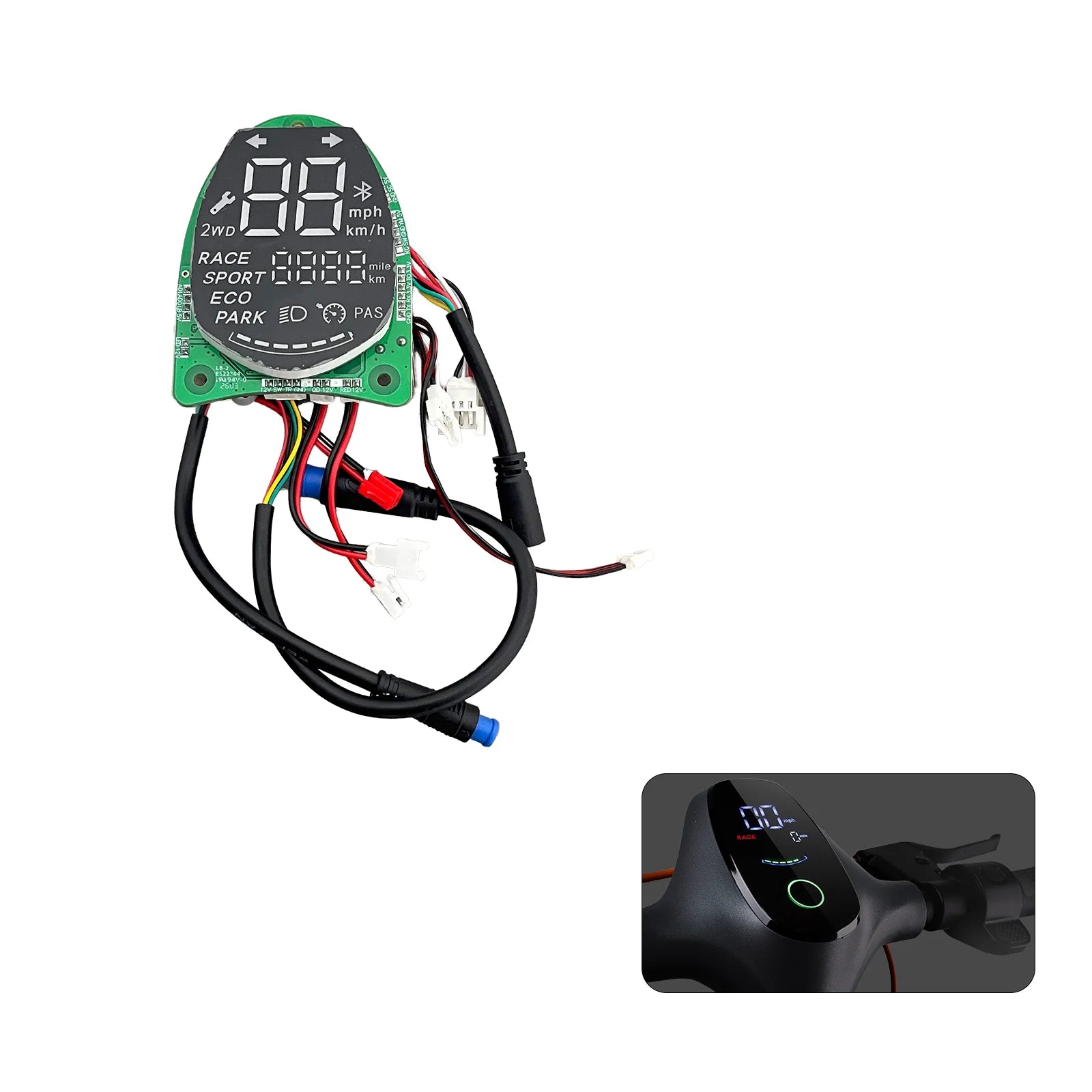 Replacement Bluetooth dashboard control board and wiring harness for RZ1000 electric scooter with installed handlebar display view.