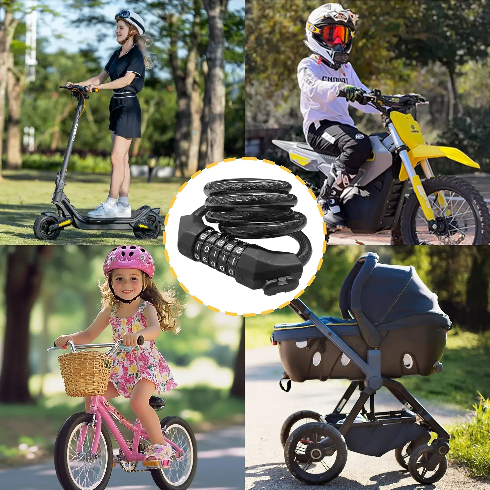Universal combination cable lock used for electric scooters, dirt bikes, children bicycles, and baby strollers